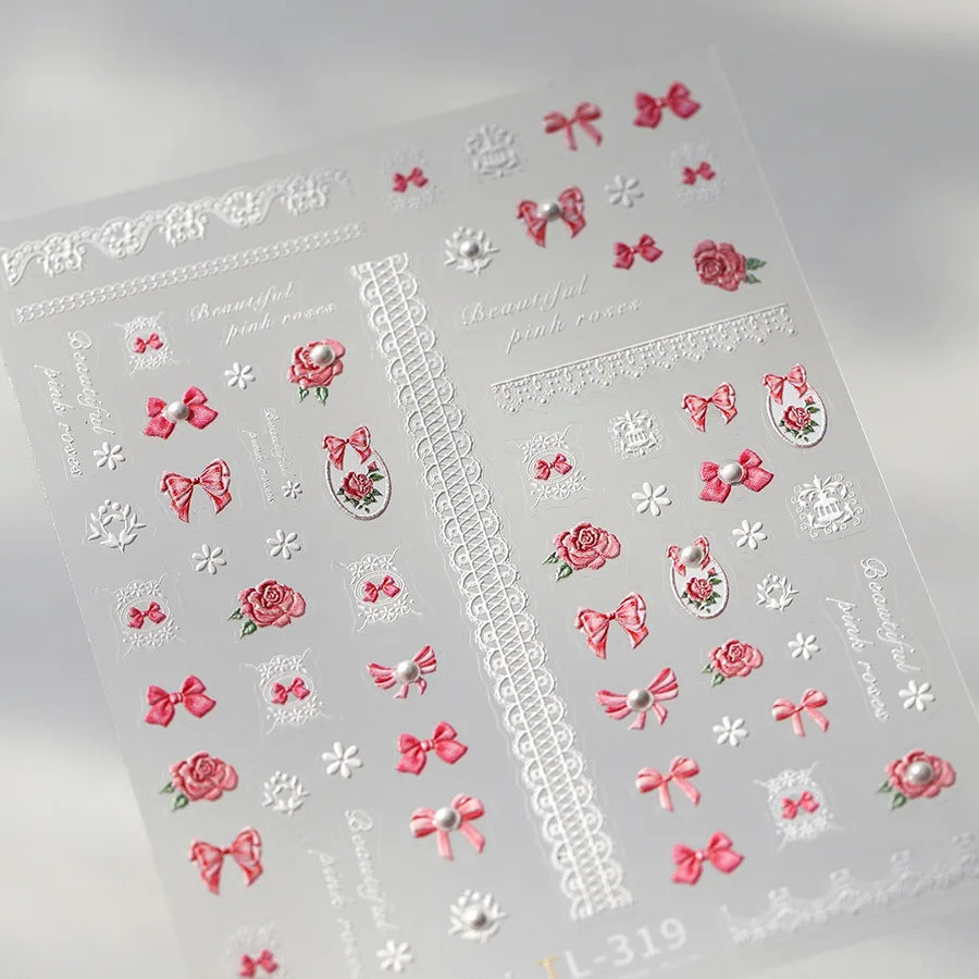 French Chic Mini Pink Rose Flower Bowknot Lace Ribbon Pearl White Little Flower Self Adhesive Nail Art Stickers Manicure Decals (ONLINE ORDER ONLY)