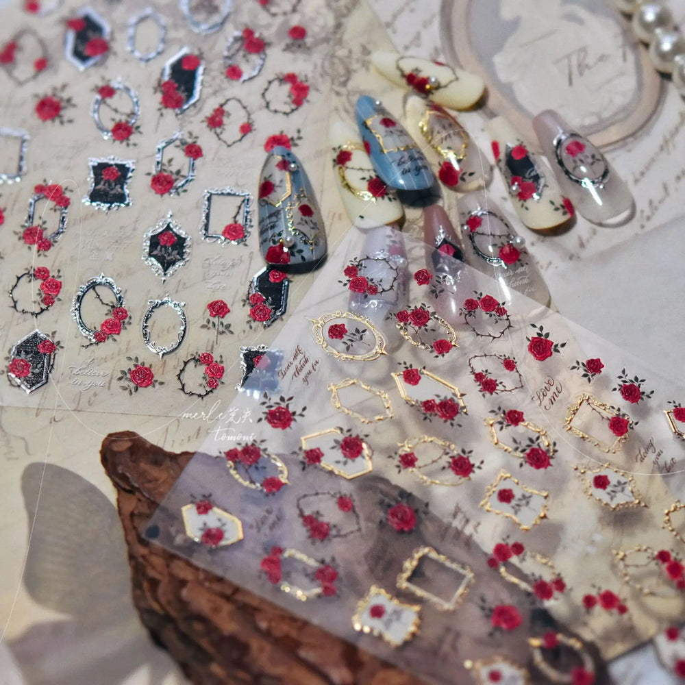 Metal Effect Rose Flower Pattern Totem Photo Frame Self Adhesive Nail Art Sticker Romantic Chic Wreath Rhinestone Manicure Decal (Online Order Only)