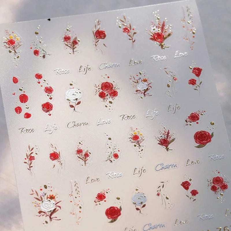 Chic Romantic Red White Flower Hot Stamping 5D Self Adhesive Nail Art Stickers Shiny Dreamy Camellia Rhinestone Manicure Decals (ONLINE ORDER ONLY)