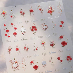 Chic Romantic Red White Flower Hot Stamping 5D Self Adhesive Nail Art Stickers Shiny Dreamy Camellia Rhinestone Manicure Decals (ONLINE ORDER ONLY)