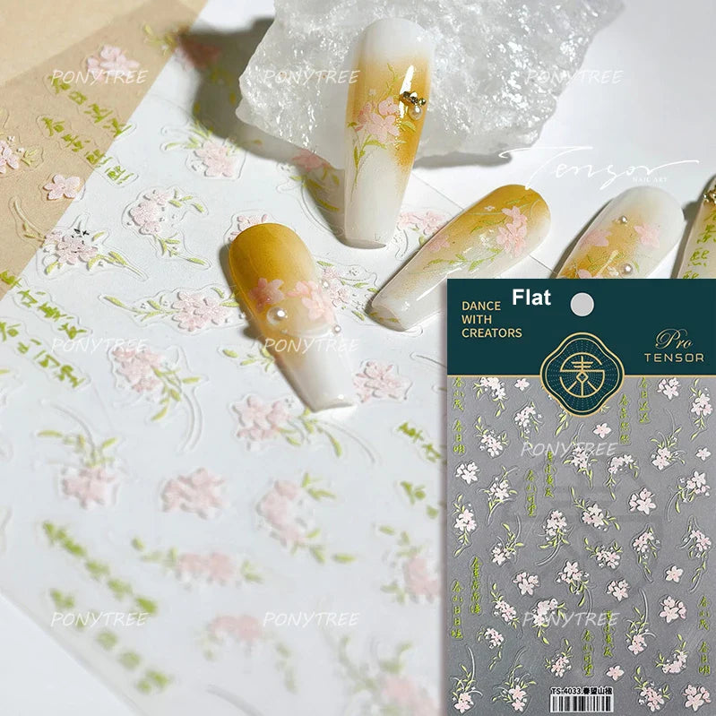 Mountain Flower Peach Blossom Vibrant Flowers Green Leaves Antique Chic Self Adhesive Nail Art Stickers Spring 3D Manicure Decal (ONLINE ORDER ONLY)