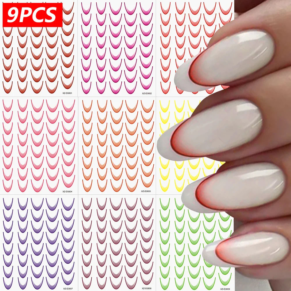 9/18pcs Gradient Color Line Design Nail Art Stickers 3D Dopamine Y2K French Nail Decals Self-Adhesive Ombre Manicure Decor Foils (Online Order Only)