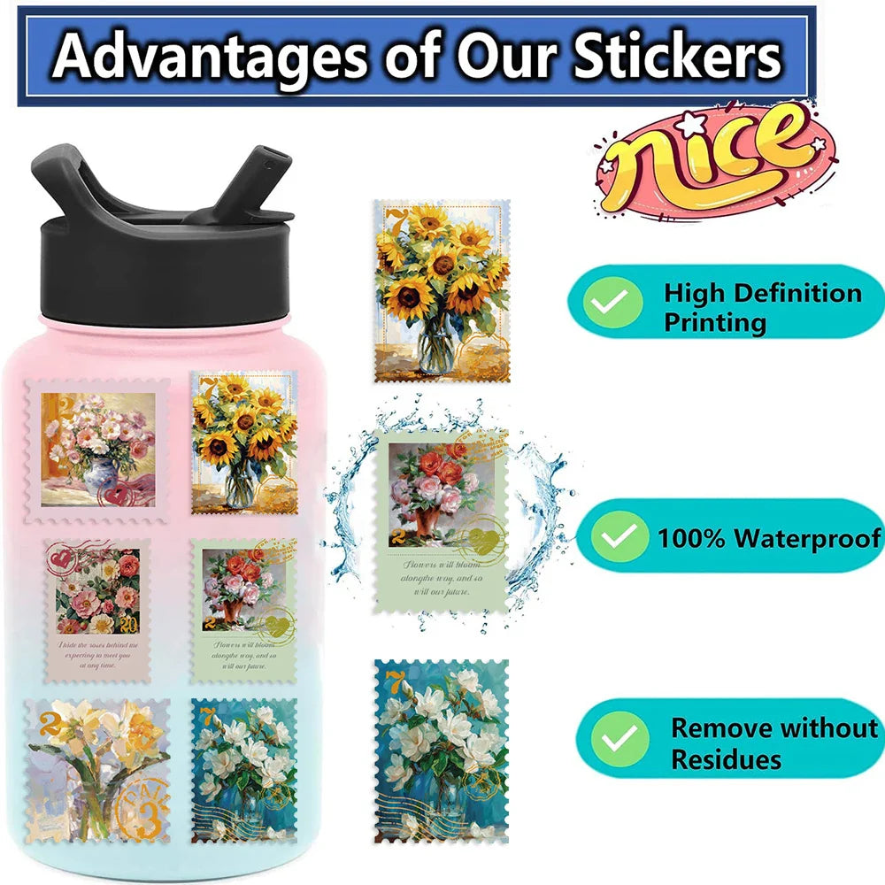 50Pcs Retro Flower Stamps Aesthetic Stickers Graffiti Decals for Scrapbooking Notebook Travel Luggage Bike Phone Sticker﻿ (ONLINE ORDER ONLY)