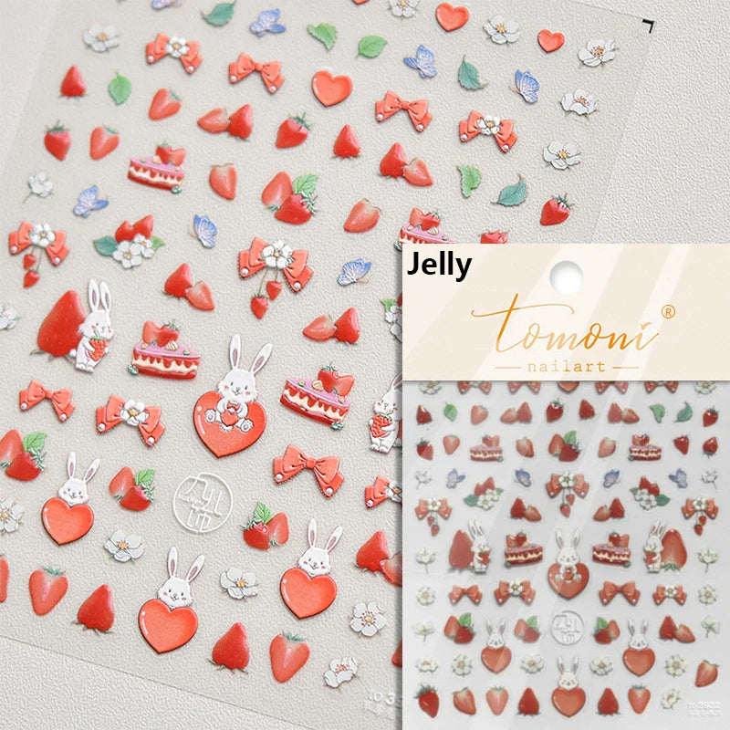 Chic Cute Cheese Ice Cream Pudding Bowknot Strawberry Muffin Stars Cake Embossed Heart Adhesive Nail Art Sticker Manicure Decals (ONLINE ORDER ONLY)