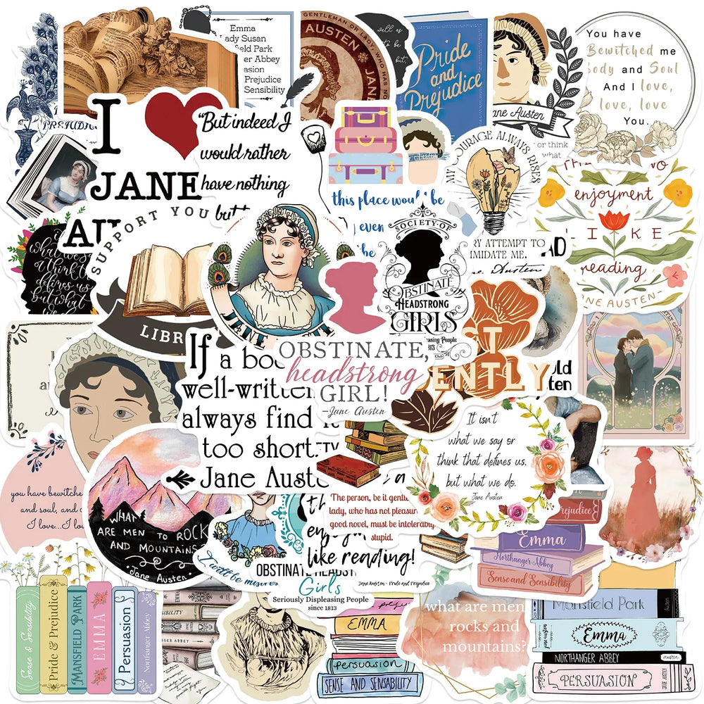50pcs Novelist Jane Austen Stickers For Scrapbook Phone Laptop Suitcase Guitar Stationery Car Graffiti Sticker Novel Decals DIY (ONLINE ORDER ONLY)