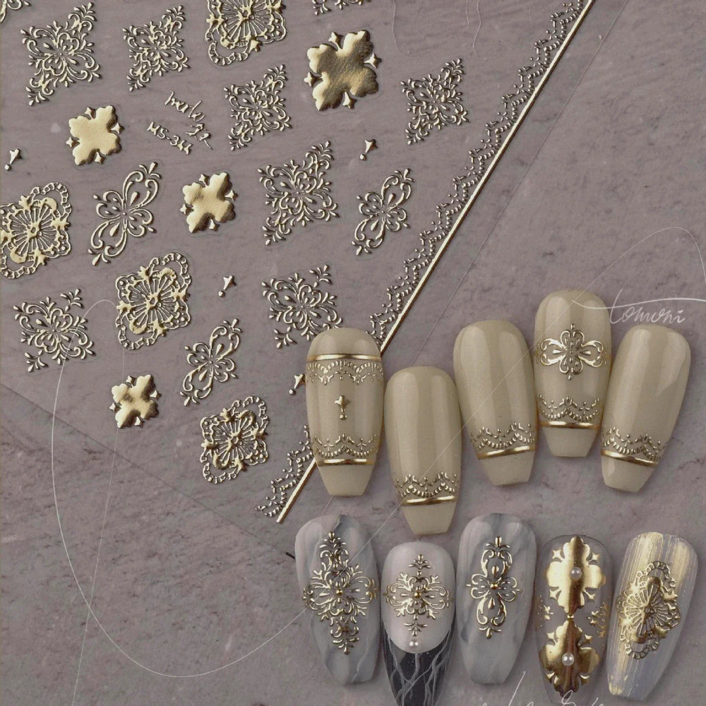 Gold Stamped Silver Totems Geometric Patterns Figure 5D Self Adhesive Nail Art Stickers Stars Bohemia Manicure Decals Wholesale (Online Order Only)
