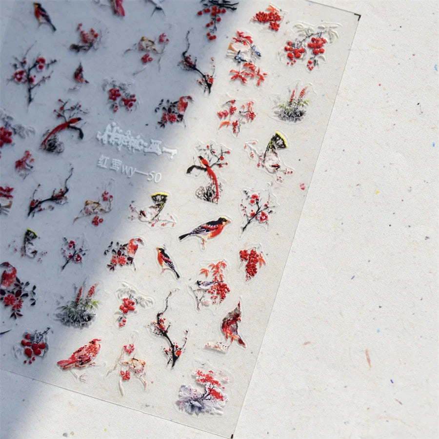 Red Azalea Rose Peony Crane Warbler Bird Fish Lily Chicken Rabbit Lobster Flower Retro Chinese Nail Art Sticker Decoration Decal (Online Order Only)