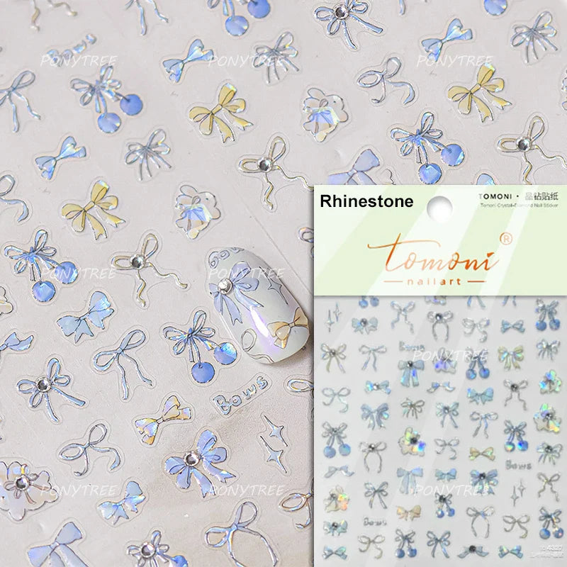 Colourful Grid Bowknot Charming Silk Ribbon Tie Chic 5D Self Adhesive Nail Art Sticker Sparkle Crystal Rhinestone Manicure Decal (ONLINE ORDER ONLY)