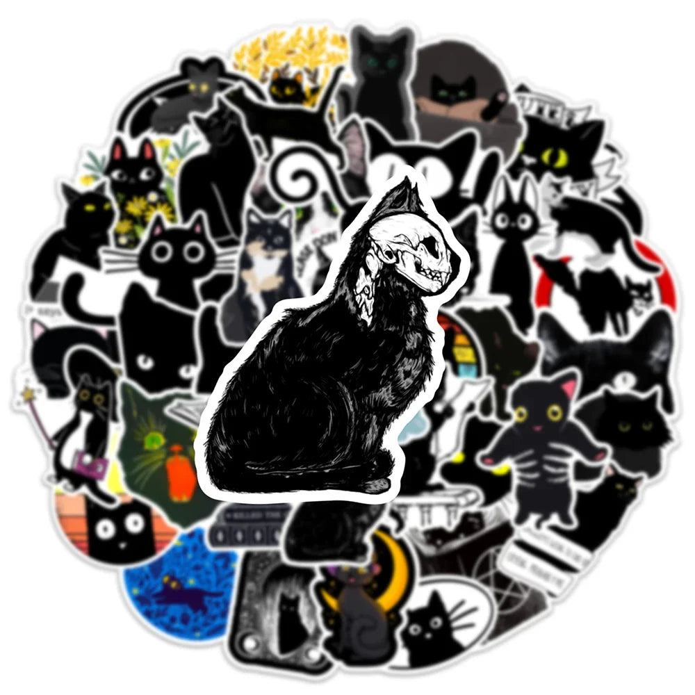 10/30/50/100PCS Cartoon Black Cat Stickers Scrapbook Phone Guitar Laptop Luggage PVC Waterproof Car Sticker Children Classic Toy (ONLINE ORDER ONLY)