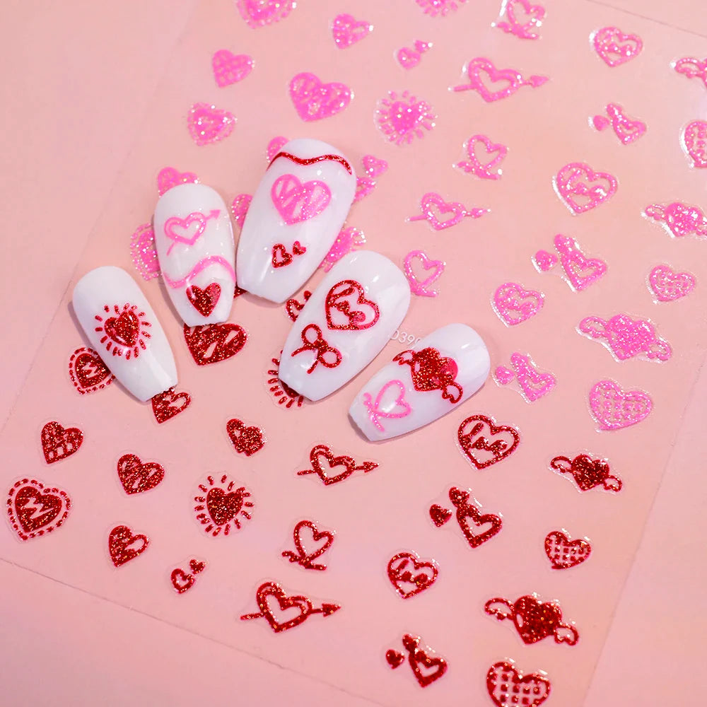 1Pc Red Pink White Heart Bow Nail Art Stickers with Glitter Sequins 5D Self Adhesive Nail Decorations Slider Decals DIY Manicure (ONLINE ORDER ONLY)