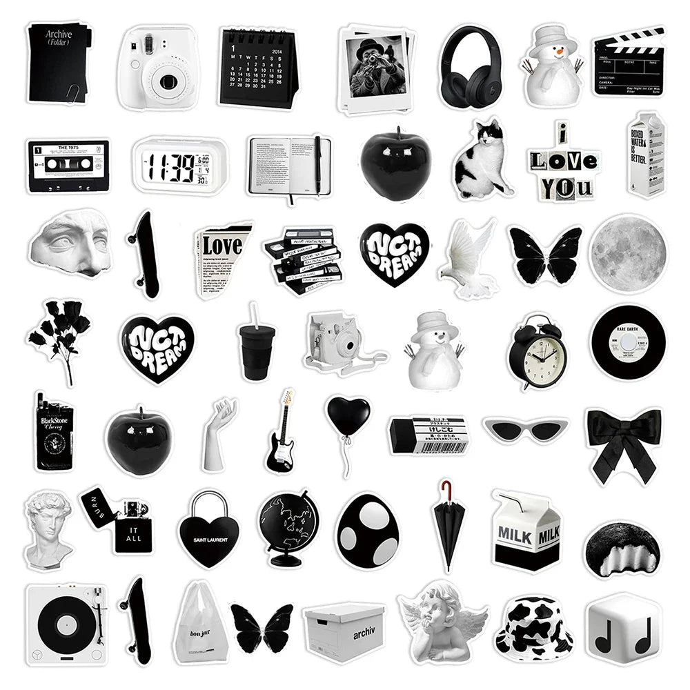 10/30/50pcs Ins Style Cute Stickers Aesthetic Black White Simple Decals Decoration Scrapbook Suitcase Laptop Fridge Wall Sticker (Online Order Only)