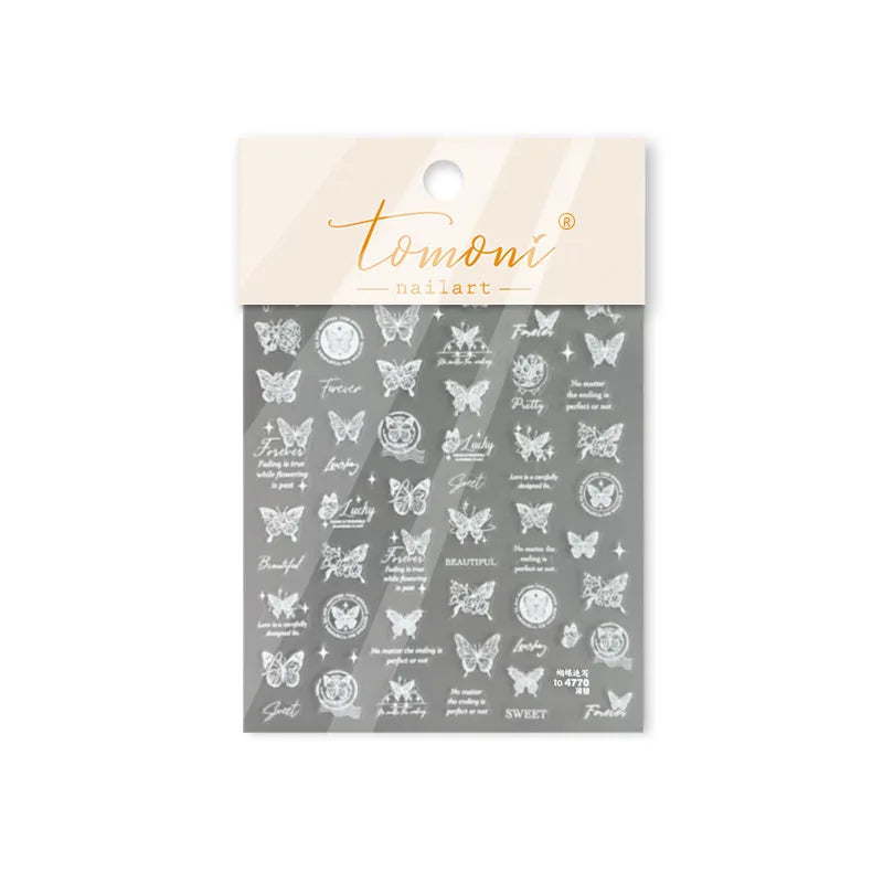 Flower Bowknot Butterfly Plant Leaf English Letter Rose Hand Drawn Embossed Relief Self Adhesive Nail Art Sticker Manicure Decal (ONLINE ORDER ONLY)