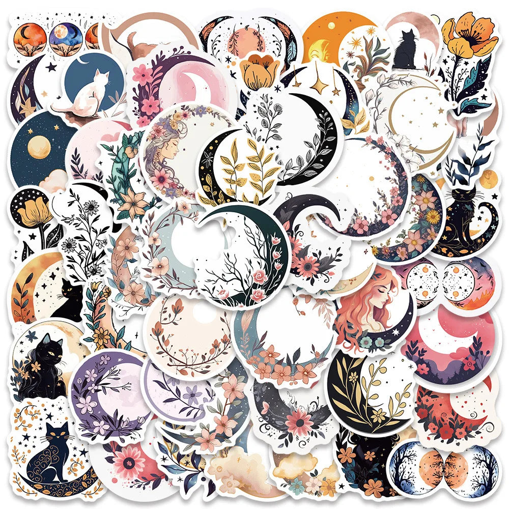 10/50pcs Cute Moon Flower Black Cat Stickers Aesthetic Decals DIY Skateboard Guitar Suitcase Freezer Motorcycle Graffiti Sticker (ONLINE ORDER ONLY)