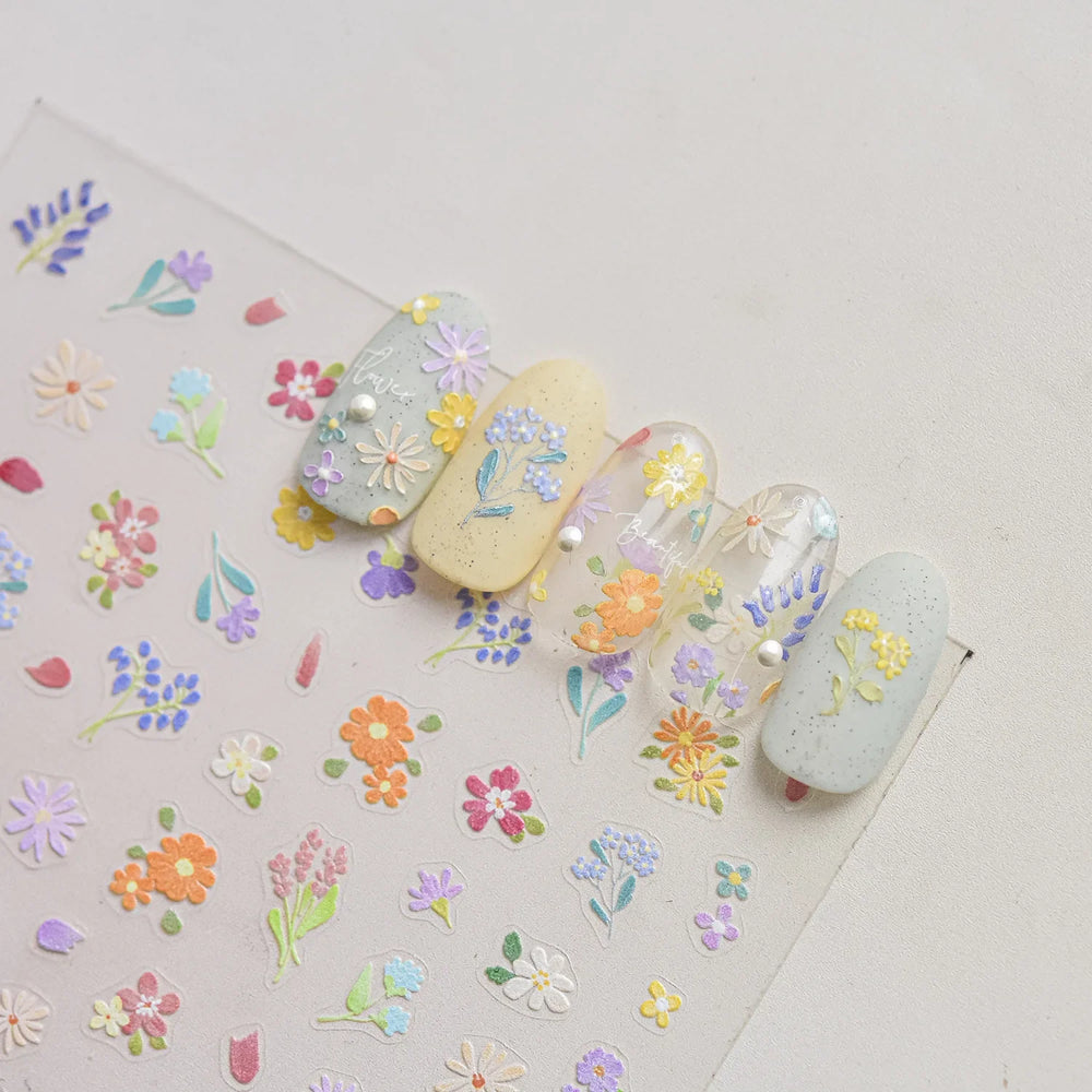 Chic Wild Flower Oil Painting Small Variegated Daisy Peach Blossom Lavender Petal Adhesive Nail Art Stickers Manicure Decals (Online Order Only)