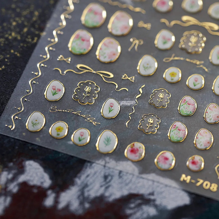 Hot Stamping Jelly All Tulips Garden Flower Bowknot Wave Lace Line Golden and Radiant Adhesive Nail Art Stickers Manicure Decals (ONLINE ORDER ONLY)