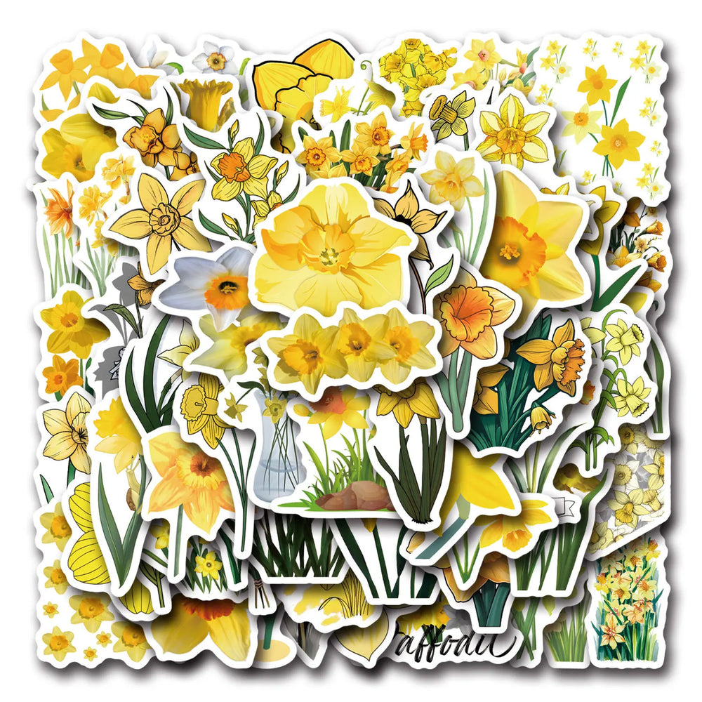 Daffodil Cartoon Stickers - Yellow Flower Decals for Cup, Diary, Scrapbook, Luggage, Laptop, Car, Bike, Skateboard, Kids Toy (10/30/60PCS) (ONLINE ORDER ONLY)