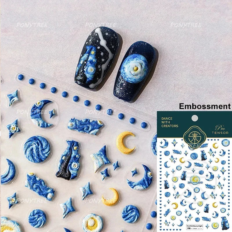 Starlit Sky Star Moon Oil Painting Colour Abstract Planet High Saturation Self Adhesive Nail Art Stickers Dreamy Manicure Decals (ONLINE ORDER ONLY)