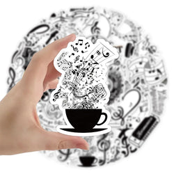 10/53Pcs Black White Music Note Graffiti Sticker DIY Waterproof Piano Phone Case Notebook Guitar Car Bike Wall Graffiti Decals (ONLINE ORDER ONLY)