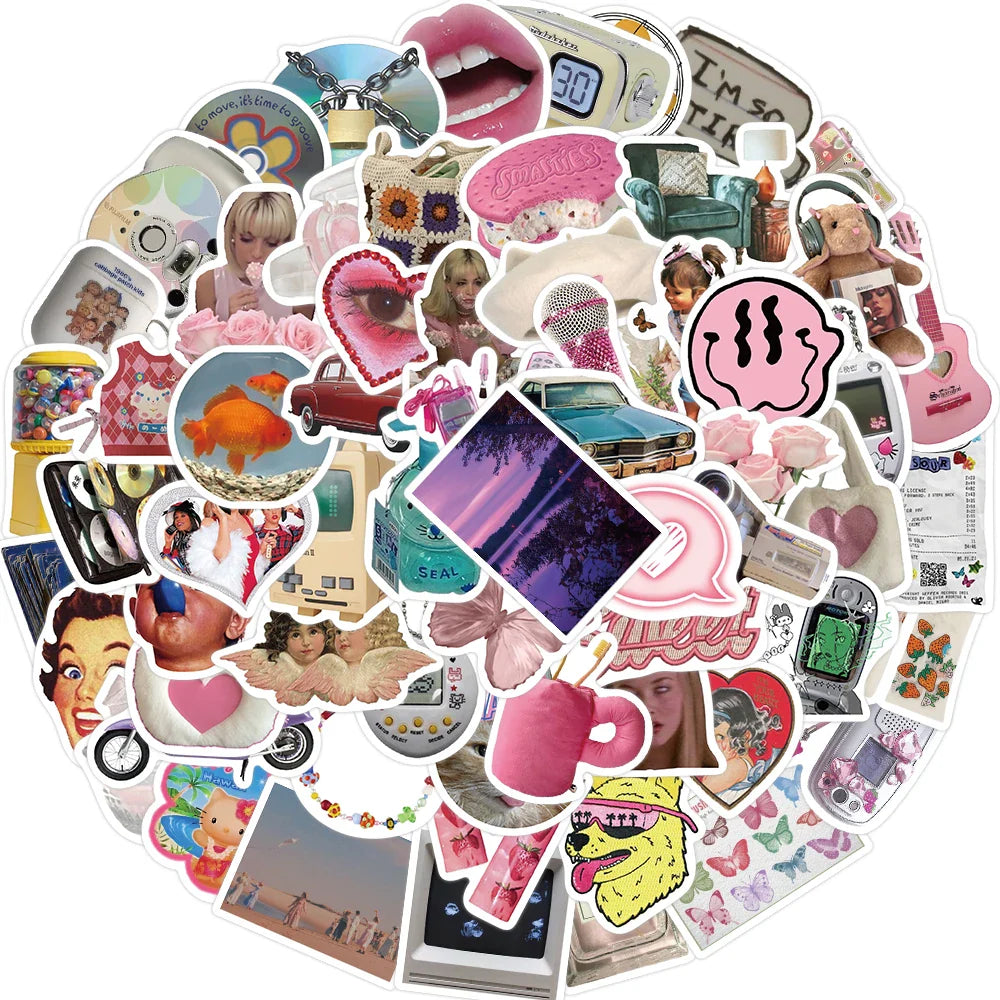 65pcs Retro Millennium Girls Kawaii Stickers Funny Cute Style Decals For Girls Suitcase Phone Guitar Stickers Kids Toys (ONLINE ORDER ONLY)