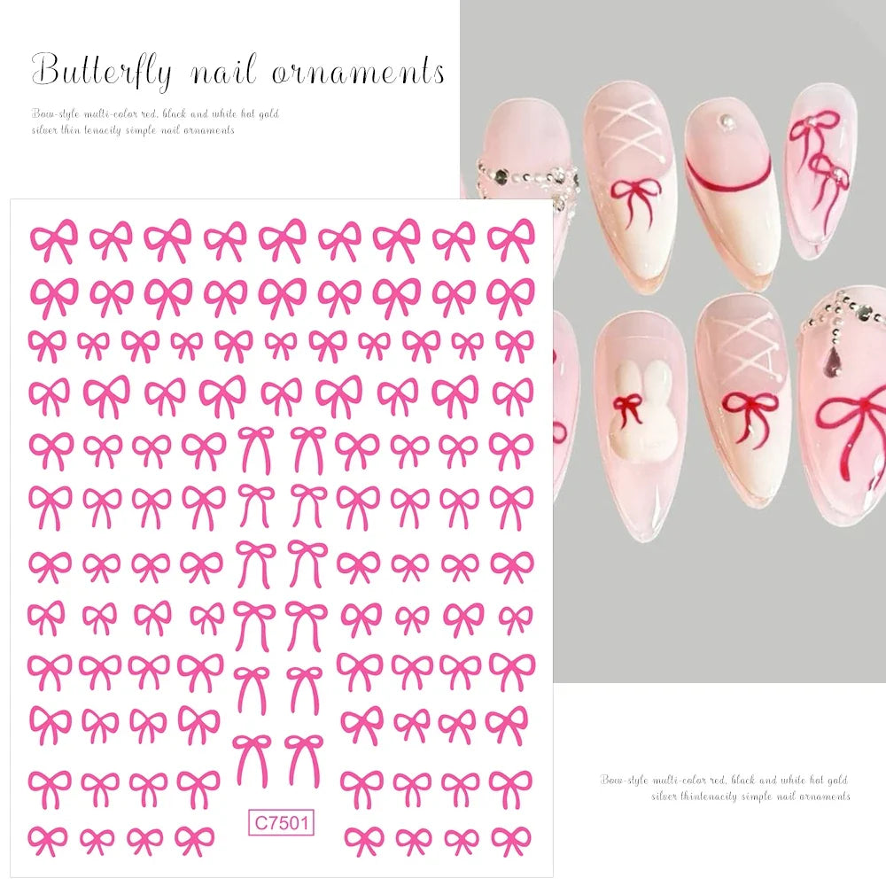 6pcs/Set Lovely Line Bowknot Nail Sticker Gold Silver Black White Pink Red Bow Tie Mini Bowknot 3D Self Adhesive Manicure Decals (ONLINE ORDER ONLY)