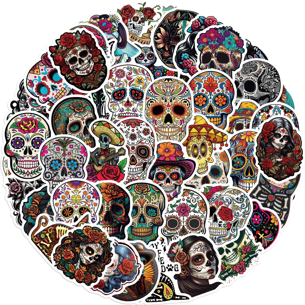 50pcs Mexican Day of the Dead Graffiti Sticker Skateboard Suitcase Guitar Kettle Deco Laptop Waterproof Phone Case Stickers (Online Order Only)