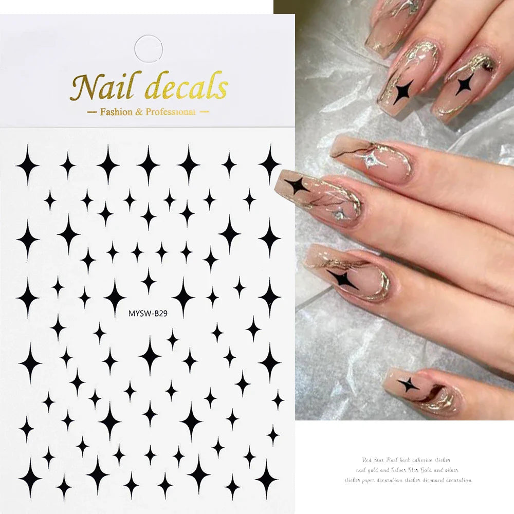1 Sheet Star Nail Art Stickers 3d Self Adhesive Nail Decals Black White Golden Silver Color Star Design Nail Supplies Accessory (ONLINE ORDER ONLY)