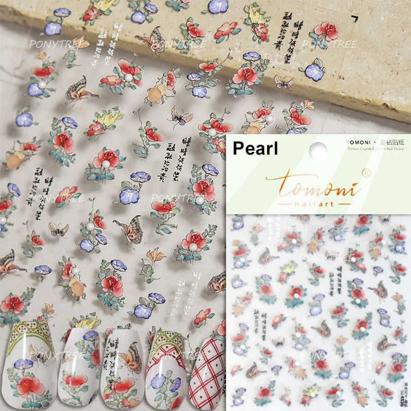 Peony Paeonia Lactiflora Rich Glory Flower Butterfly Ancient Fan Tassels Caved Window Adhesive Nail Art Sticker Manicure Decals (ONLINE ORDER ONLY)