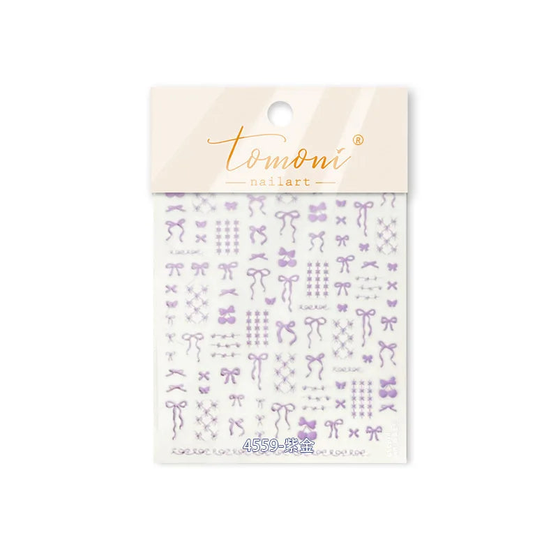 Purple Gold Silver Bowknot Cherry Fruit Cute Ribbon Tie Line Delicate 3D Adhesive Nail Art Stickers Manicure Decals Wholesale (Online Order Only)
