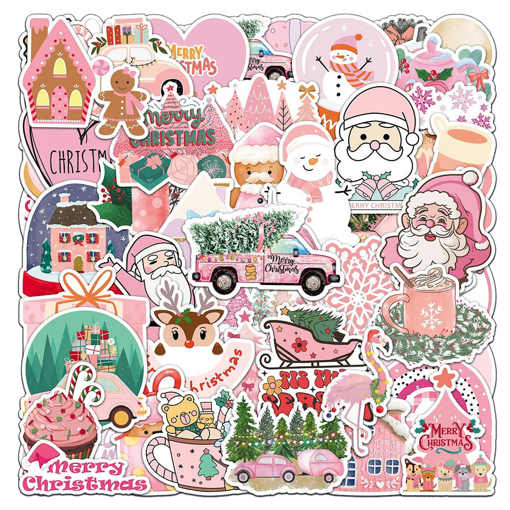 Cute Cartoon Pink Christmas Stickers for Laptop, Notebook, Suitcase Decoration (10/30/50pcs) (ONLINE ORDER ONLY)