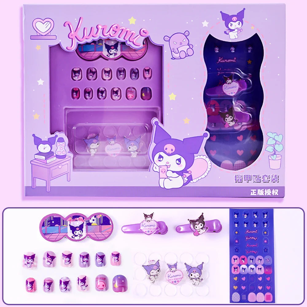 1Set(12Pcs+Jelly Glue+Stickers+Hairpin) Children Acrylic Fake Nails Kuromi Mymelody Cinnamoroll Fake Nails Non-Toxic Kid Gifts * (Online Order Only)