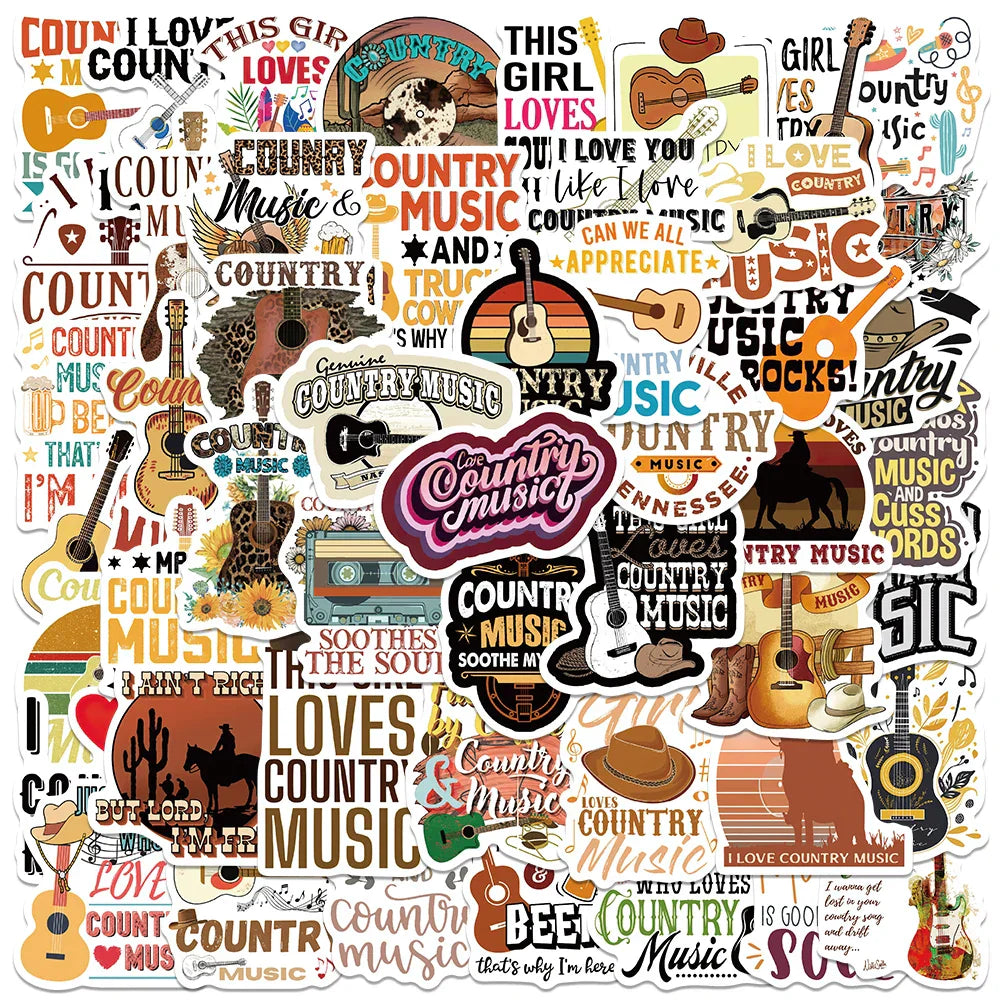 50pcs Funny Cartoon Country Music Stickers Water Bottle Stickers For Laptop Phone Luggage Skateboard Bicycle Waterproof Decals (Online Order Only)