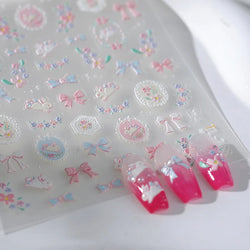 Pink Running Rabbit Bowknot Wreath Bunny Flower Tie Totem Pattern Self Adhesive Nail Art Sticker Pearl Rhinestone Manicure Decal (Online Order Only)