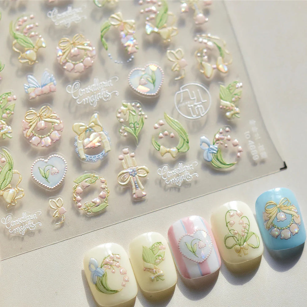 Spring Pink Lily of The Valley Flowers Blooming Blue Bowknot Heart 5D Soft Relief Self Adhesive Nail Art Sticker Manicure Decals (Online Order Only)