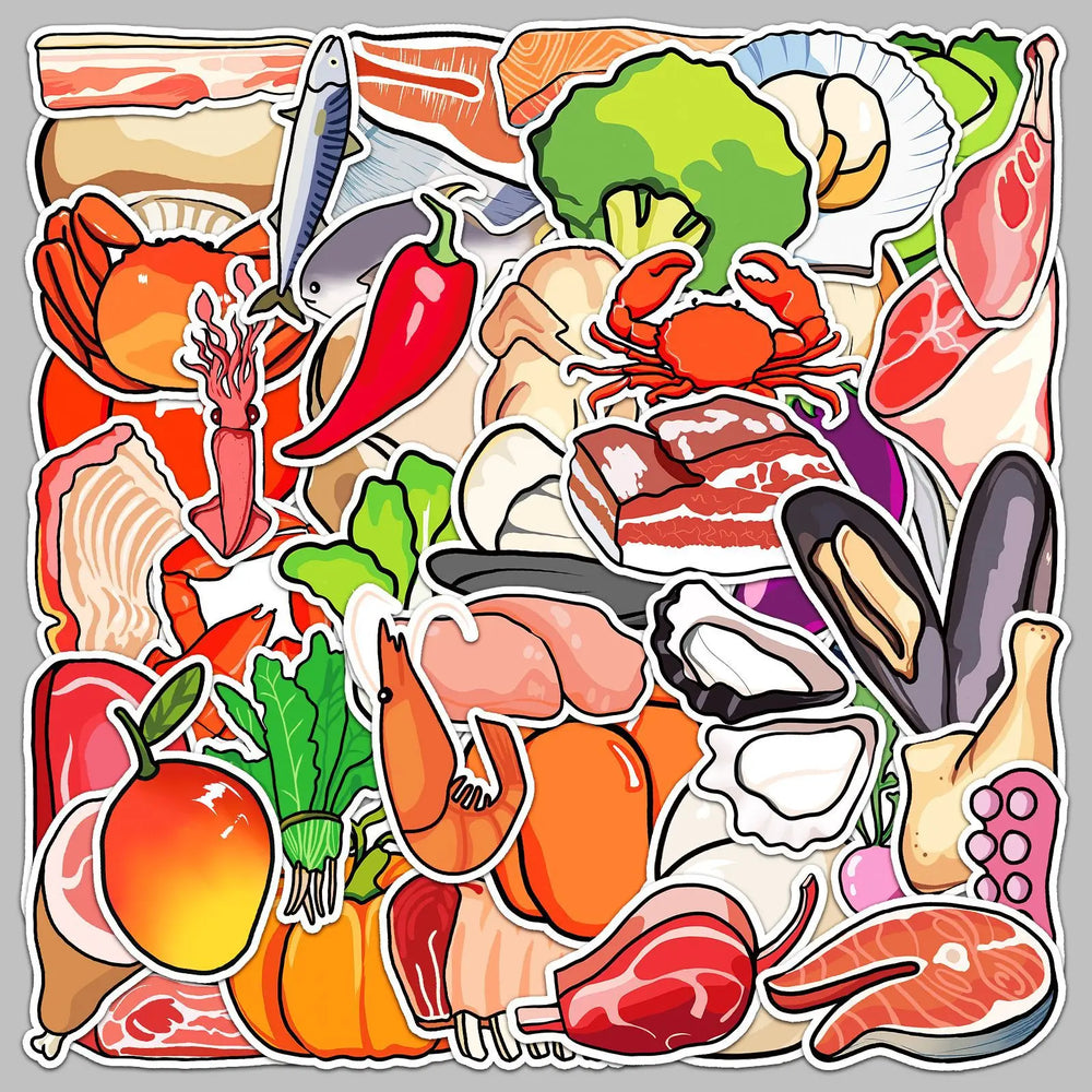50pcs Cartoon Food Graffiti Stickers for Helmet, Desktop, Wall Decoration, DIY (Online Order Only)