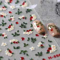 Delicate Chic White Flower Jelly Green Leaves Red Fruits Lily Gardenia Self Adhesive Nail Art Stickers Rhinestone Manicure Decal (Online Order Only)