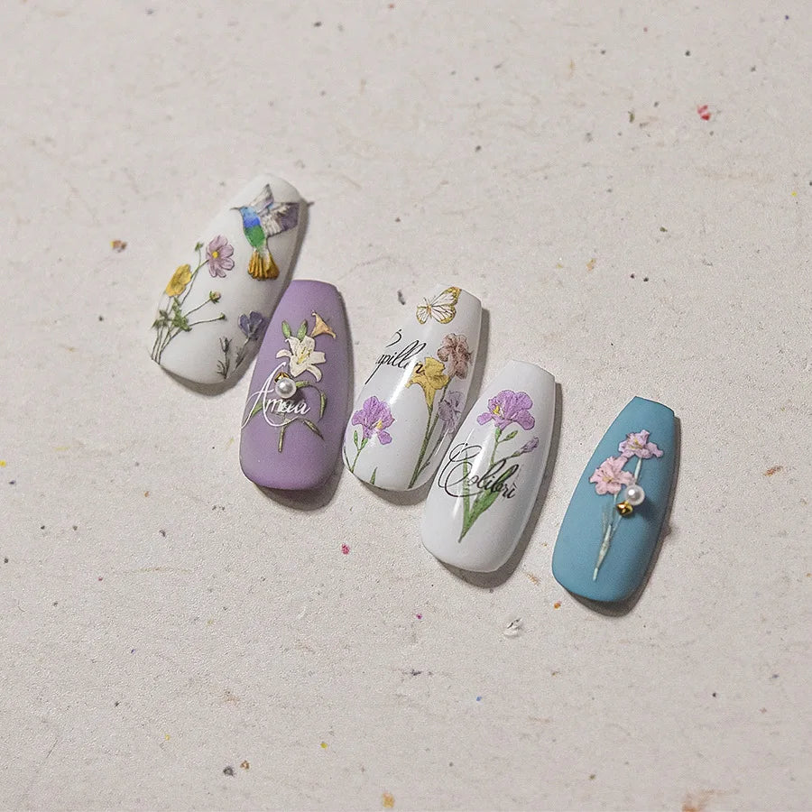 Hummingbird Iris Butterfly Peony Rose Tulip Daisy Lily Flowers Morning Glory Pearl Rhinestones Nail Art Sticker Decoration Decal (ONLINE ORDER ONLY)