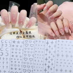 6pcs Mirror Silver Star 3D Nail Sticker Holographic Heart/Moon/Cross Design Self-Adhesive Decal Manicure Art Supplies Decoration (ONLINE ORDER ONLY)