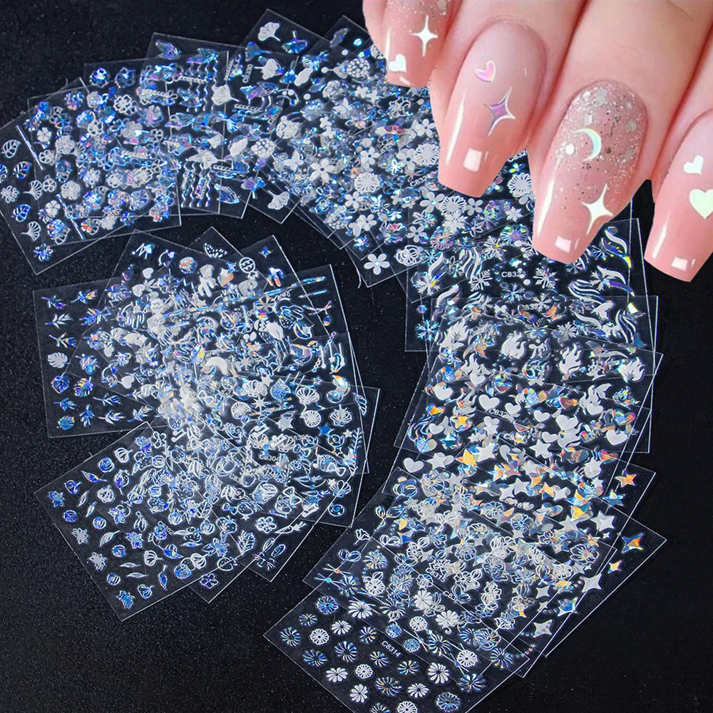 30Pcs Laser Silver/White Flowers Hearts Nail Sticker Star/Moon Mixed Shapes Design Self-adhesive Sticker Acrylic Manicure Access (Online Order Only)