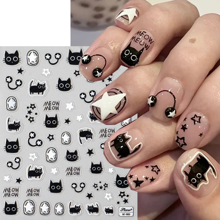 Black Cat Nail Stickers 5D Embossed Kawaii Flowers Star Nail Art Sliders Manicure (Online Order Only)