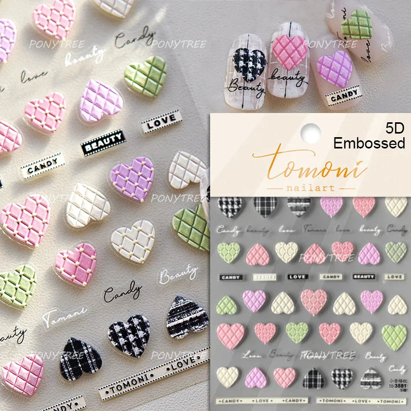 Black Silver Bowknot Love Heart Lace Irregular Line Lava Chic Self Adhesive Nail Art Stickers Embossed Reliefs Manicure Decals (Online Order Only)