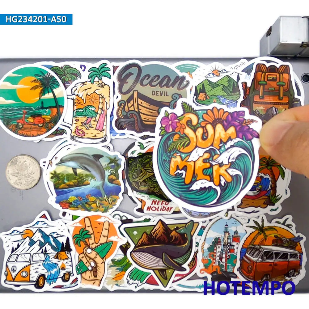 20/30/50Pieces Summer Beach Travel Funny Cartoon Surfing Stickers for Scrapbook Car Motorcycle Luggage Phone Laptop Sticker Toys (ONLINE ORDER ONLY)