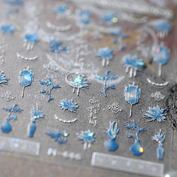 Retro Blue Lotus Flower Arrangement Vase Lantern Totem Pattern Bamboo Leaf Self Adhesive Nail Art Stickers Shiny Manicure Decals (ONLINE ORDER ONLY)