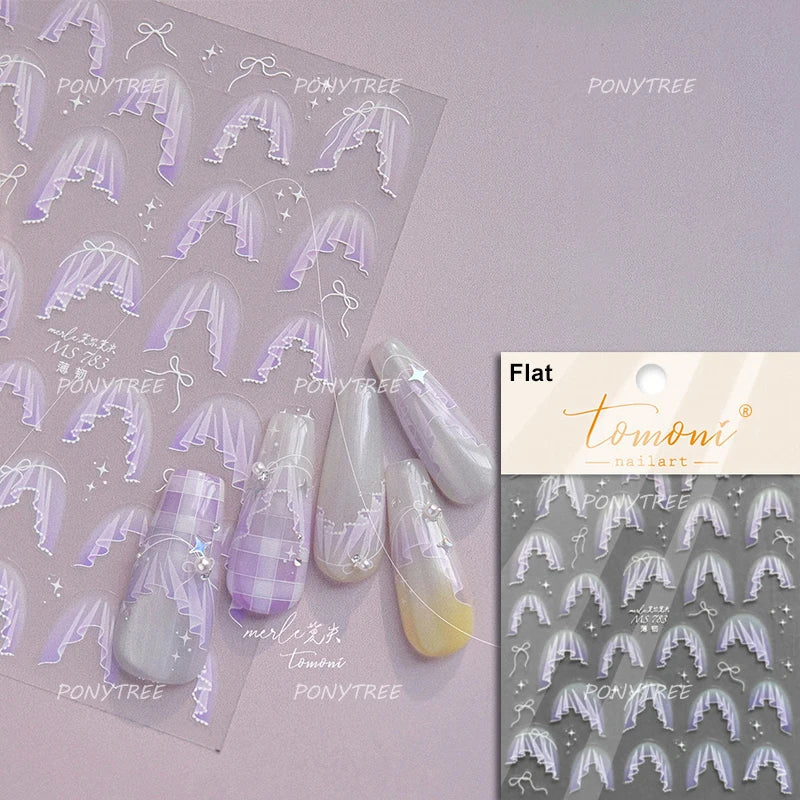 French Skirt Hem Halo Dyeing Purple Pink White Hemline Bowknot Wedding Veil Dreamy Star Adhesive Nail Art Sticker Manicure Decal (ONLINE ORDER ONLY)