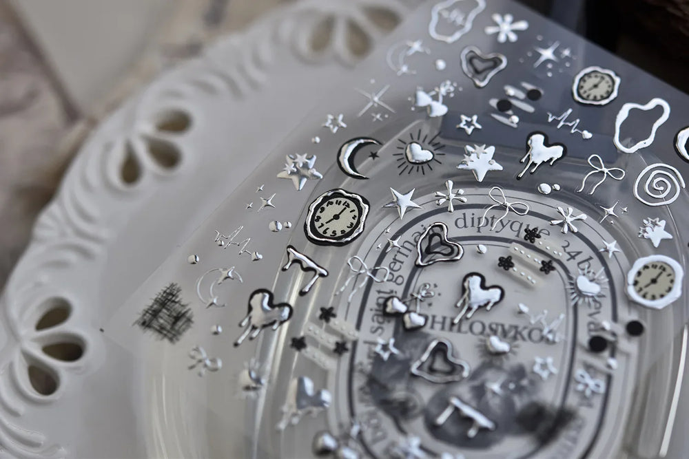 Silver Star Moon Clock Watch Cherry Love Heart Bowknot Gird Irregular Lines Dot Liquid Lava Nail Art Stickers Manicure Decals (ONLINE ORDER ONLY)