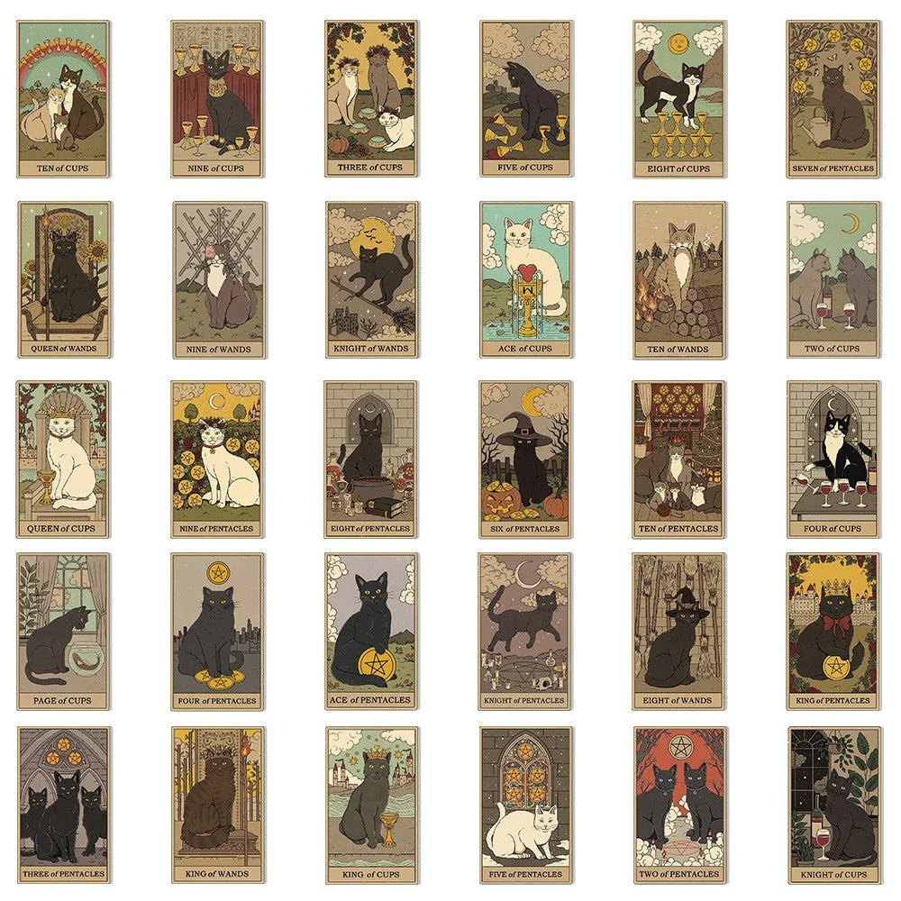 10/30/72PCS Cute Cartoon Mystic Cat Tarot Card Stickers Divination Aesthetic Decal Scrapbook Laptop Phone Car Graffiti Sticker (ONLINE ORDER ONLY)