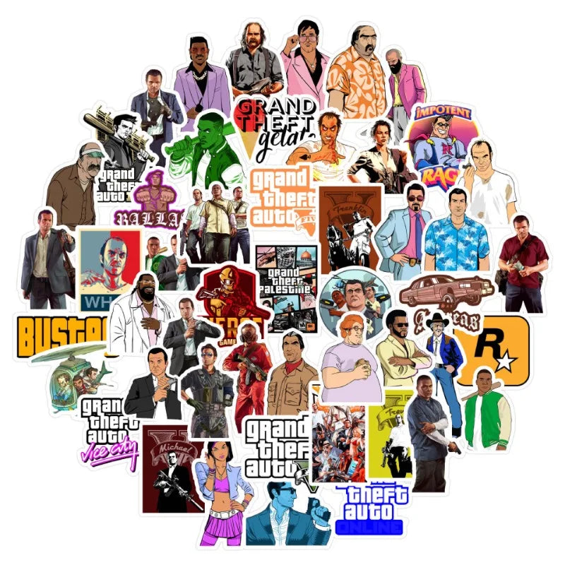 50pcs Grand Theft Auto GTA Stickers for Luggage, Phone, Car, Laptop, Scooter, Refrigerator (Online Order Only)