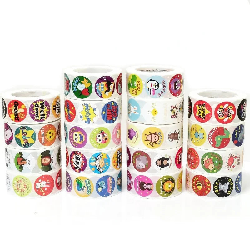 500 Pcs/Roll English Cartoon Animal Stickers Teacher Reward Students Stickers Self-adhesive Stationery Stickers (Online Order Only)