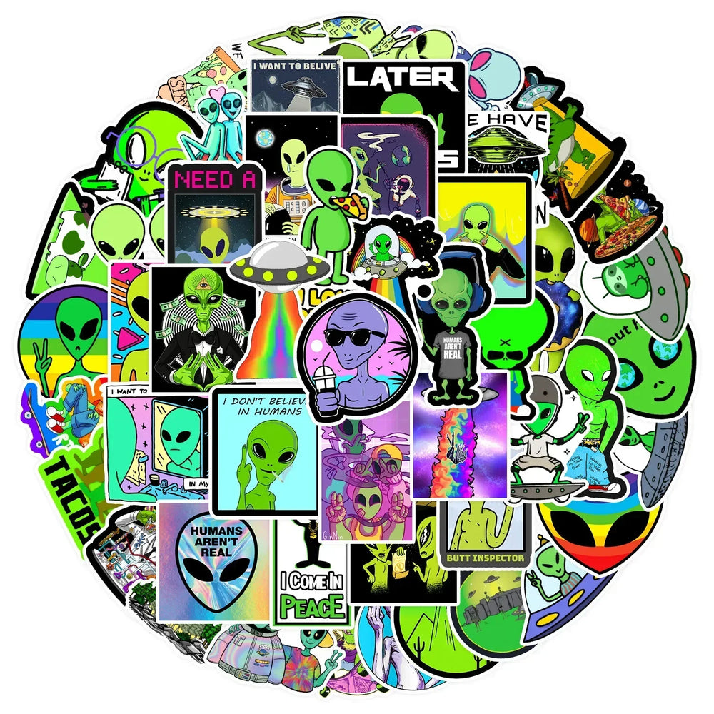 Cartoon Alien Stickers for Luggage, Notebook, Guitar, Laptop, Phone, Water Bottle (10/25/50pcs) (Online Order Only)