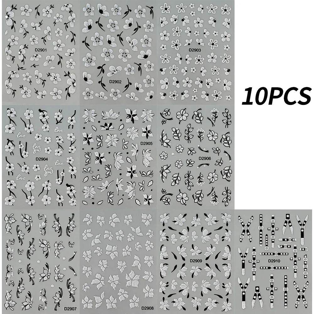 10pcs/Set Sparkling Silvery Floral Nail Art Stickers Self-Adhesive Glittery 5D Hibiscus & Cherry Blossom Decals for Manicure DIY (Online Order Only)