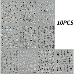 10pcs/Set Sparkling Silvery Floral Nail Art Stickers Self-Adhesive Glittery 5D Hibiscus & Cherry Blossom Decals for Manicure DIY (Online Order Only)